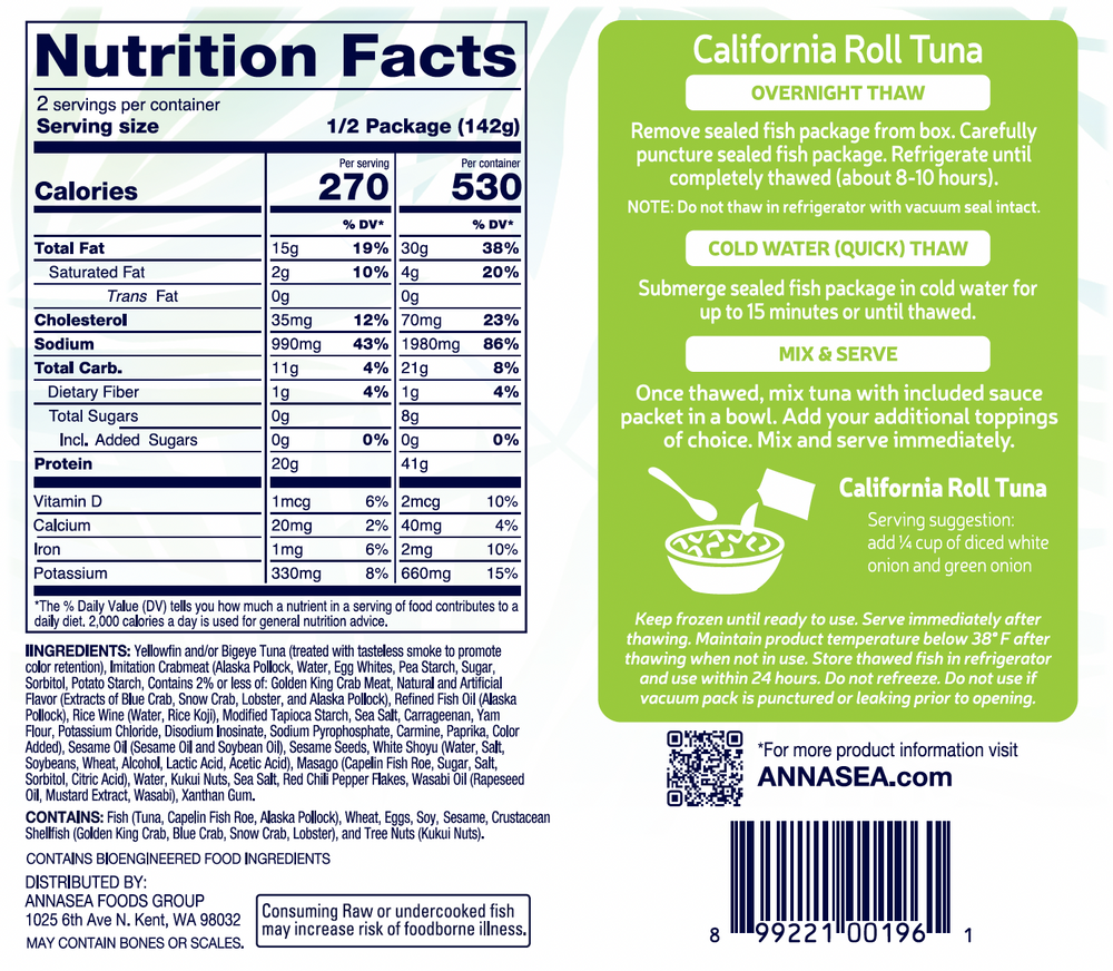 
                  
                    Annasea California Roll Ahi Tuna  Back of a food packaging label with nutritional information
                  
                