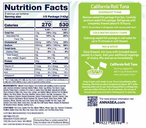 
                  
                    Annasea California Roll Ahi Tuna  Back of a food packaging label with nutritional information
                  
                