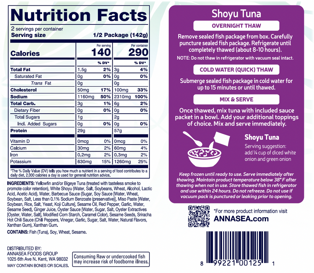 
                  
                    Annasea Shoyu Tuna Ahi Poke Back of a food packaging label with nutritional information
                  
                