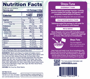 
                  
                    Annasea Shoyu Tuna Ahi Poke Back of a food packaging label with nutritional information
                  
                