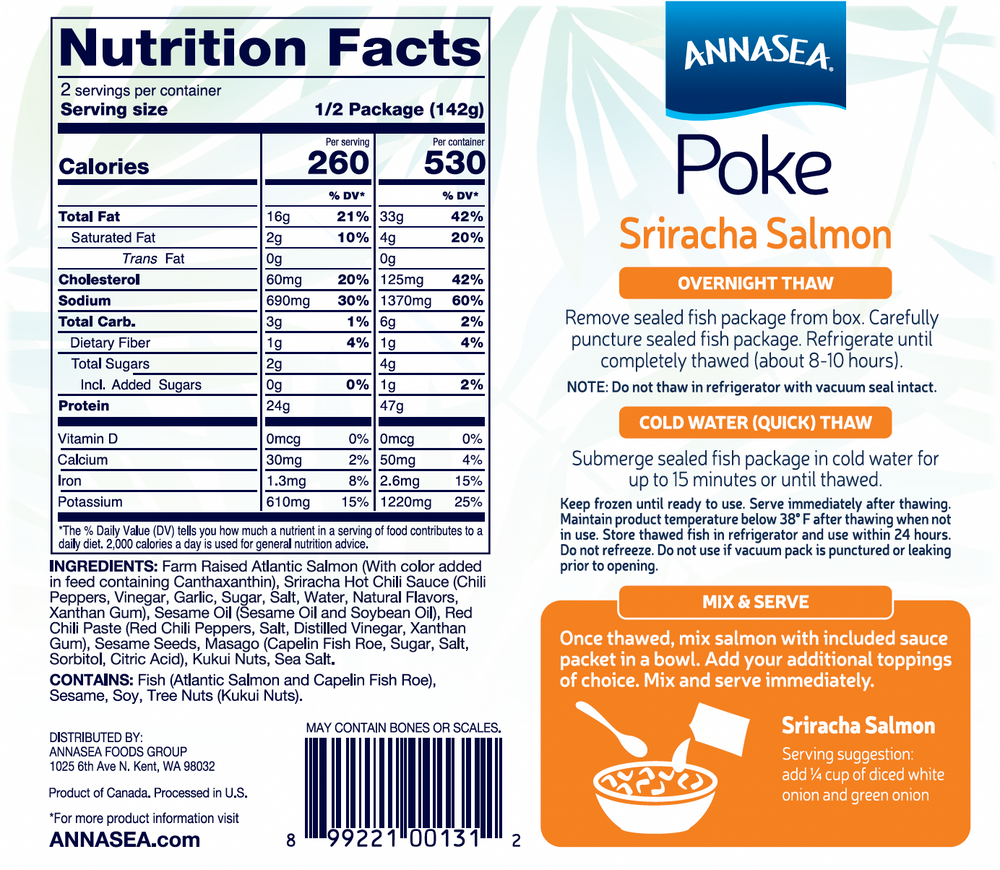 Annasea Sriracha Salmon Poke Back of a food packaging label with nutritional information