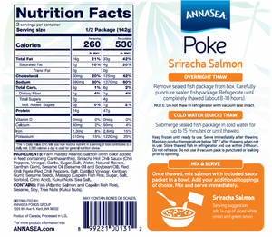
                  
                    Annasea Sriracha Salmon Poke Back of a food packaging label with nutritional information
                  
                