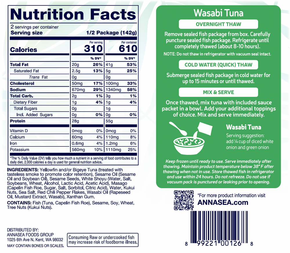 
                  
                    Annasea Wasabi Tuna Ahi Poke Back of a food packaging label with nutritional information
                  
                
